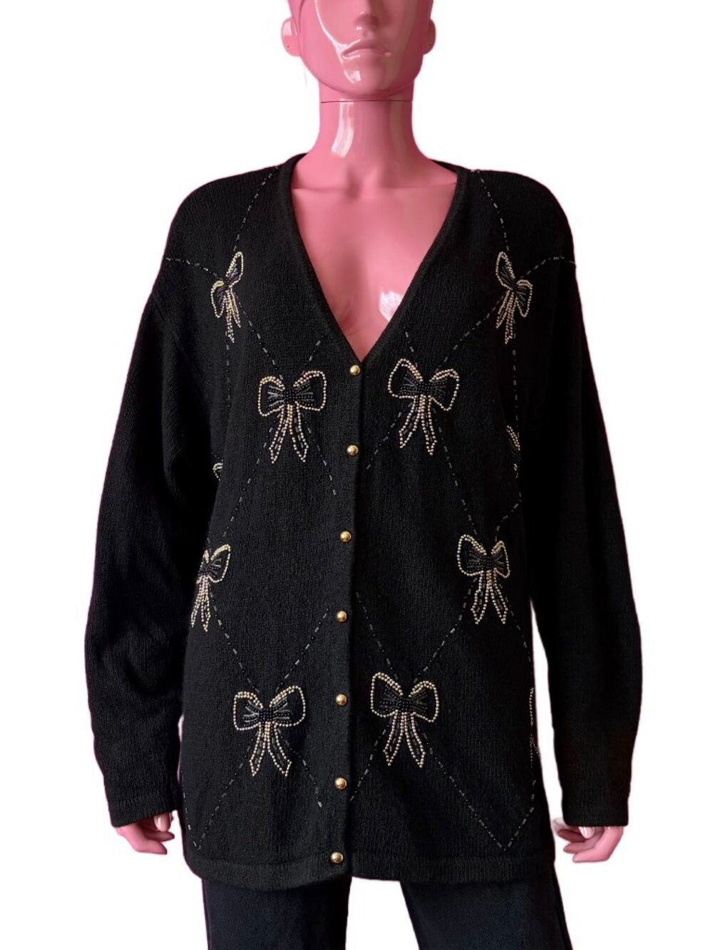 Vintage 90s Silk Angora Blend Cardigan Sweater Black Gold Bows Beaded Soft Fuzzy